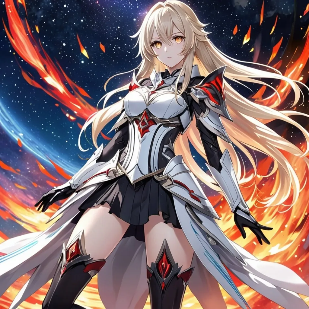 Prompt: anime, girl, detailed, very detailed, a woman in a white clothes, black skirt, stars and galactic in the background, official art, anime, girl, detailed, very detailed, crystal yellow eyes, very long blonde hair, 8k, detailed eyes, Anime illustration of a tall woman, fire aura, black thigh-highs, bright pupils, space, starfalls , high quality, thin body, anime art, detailed eyes, professional, atmospheric lighting, normal hands, five fingers, aura, adult woman, cold face, sharp eyes, 1girl, glowing eyes, Lumine from genshin impact, dress, textured corset with gold accessories, wearing long black gloves, bare shoulders, pyrokinesis, flame, white long arms shirt with black gloves, a white armor futuristic suit, Very long blonde hair