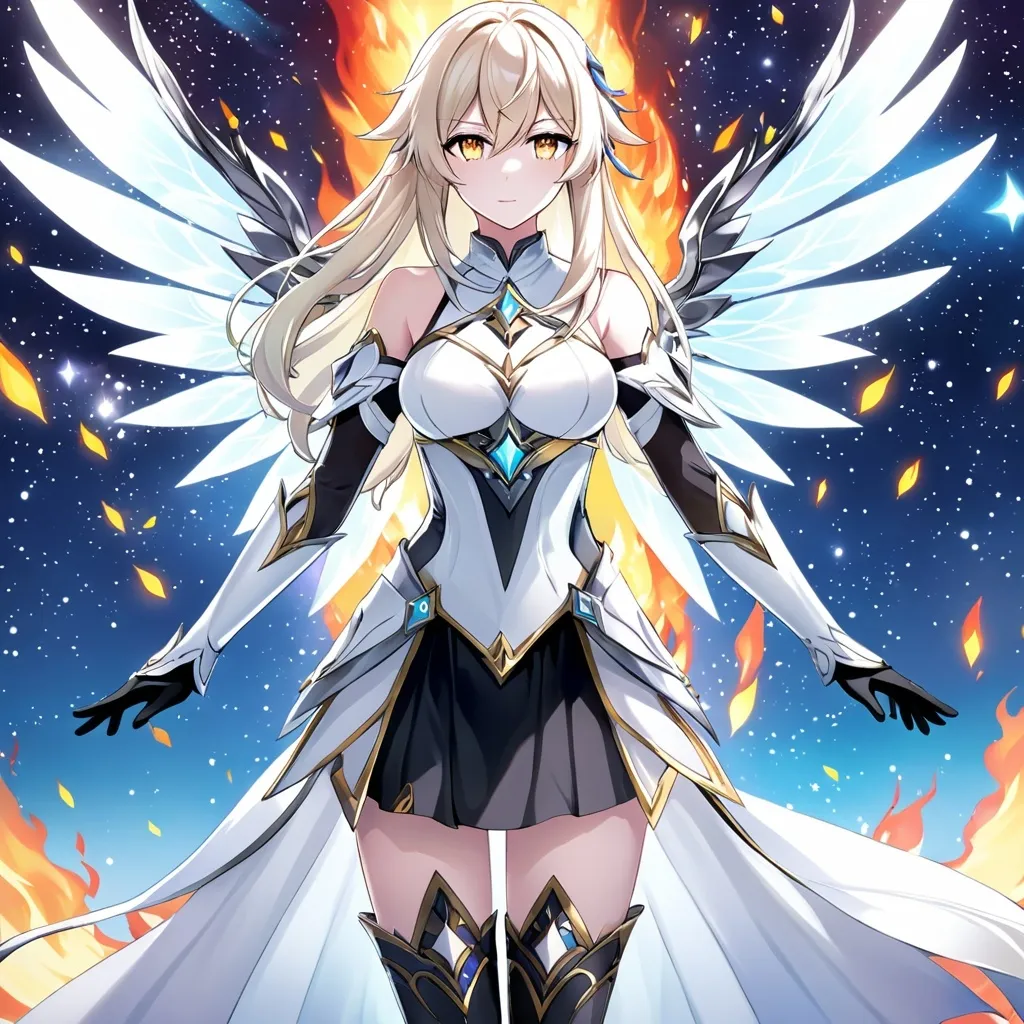 Prompt: anime, girl, detailed, very detailed, a woman in a white clothes, black skirt, stars and galactic in the background, official art, anime, girl, detailed, very detailed, crystal yellow eyes, very long blonde hair, 8k, detailed eyes, Anime illustration of a tall woman,  flame fairy wings, black thigh-highs, bright pupils, space, starfalls , high quality, thin body, anime art, detailed eyes, professional, atmospheric lighting, normal hands, five fingers, aura, adult woman, cold face, sharp eyes, 1girl, glowing eyes, Lumine from genshin impact, dress, textured corset with gold accessories, wearing long black gloves, bare shoulders, pyrokinesis, flame, white long arms shirt with black gloves, a white armor futuristic suit