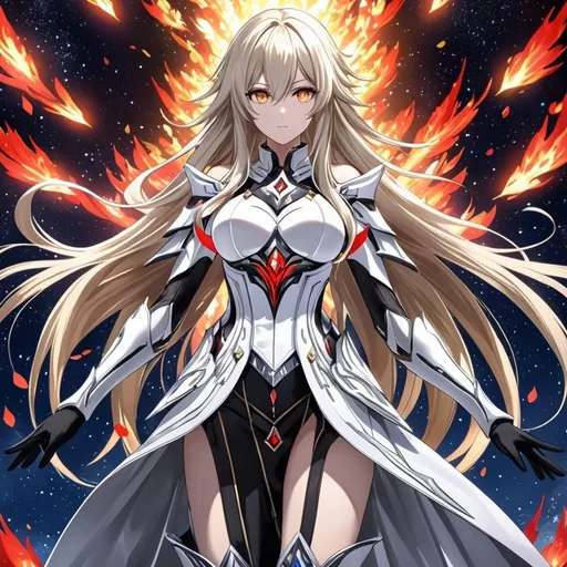 Prompt: anime, girl, detailed, very detailed, a woman in a white clothes, black skirt, stars and galactic in the background, official art, anime, girl, detailed, very detailed, crystal yellow eyes, very long blonde hair, 8k, detailed eyes, Anime illustration of a tall woman, fire aura, black thigh-highs, bright pupils, space, starfalls , high quality, thin body, anime art, detailed eyes, professional, atmospheric lighting, normal hands, five fingers, aura, adult woman, cold face, sharp eyes, 1girl, glowing eyes, Lumine from genshin impact, dress, textured corset with gold accessories, wearing long black gloves, bare shoulders, pyrokinesis, flame, white long arms shirt with black gloves, a white armor futuristic suit, Very long blonde hair