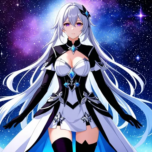 Prompt: anime, girl, Crystal purple eyes, long silver hair, galactic background, 8k, he, detailed eyes, glove holding, textured dress, textured corset with silver accessories, Anime illustration of a tall woman wearing a white dress, hands behind back, black thigh-highs and black gloves, bright pupils, space, starfalls , high quality, thin body, anime art, detailed eyes, professional, atmospheric lighting, normal hands, five fingers, aura, adult woman, cold face, herrscher from honkai impact's outfit, sharp eyes, 1girl, black cape, glowing eyes