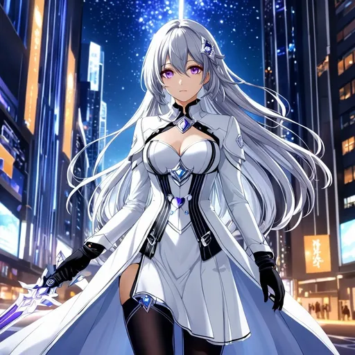 Prompt: a woman in a futuristic suit with a sword on a city street with skyscrapers in the background, Ayami Kojima, official art, anime, girl, detailed, very detailed, crystal purple eyes, very long silver hair, 8k, he, detailed eyes, glove holding, textured dress, textured corset with silver accessories, Anime illustration of a tall woman wearing a white dress, hands behind back, black thigh-highs and black gloves, bright pupils, space, starfalls , high quality, thin body, anime art, detailed eyes, professional, atmospheric lighting, normal hands, five fingers, aura, adult woman, cold face, herrscher from honkai impact's outfit, sharp eyes, 1girl, glowing eyes