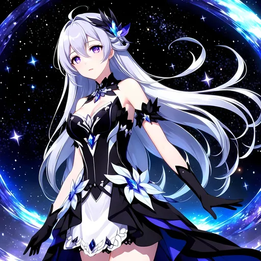 Prompt: Crystal purple eyes, long silver hair, galactic background, 8k, he, detailed eyes, glove holding, textured dress, textured corset with black accessories, Anime illustration of a tall woman wearing a white dress, hands behind back, black thigh-highs and long black gloves, bright pupils, space, starfalls , high quality, thin body, anime art, detailed eyes, professional, atmospheric lighting, normal hands, five fingers, aura, adult woman, cold face, herrscher from honkai impact's outfit, sharp eyes, 1girl, glowing eyes