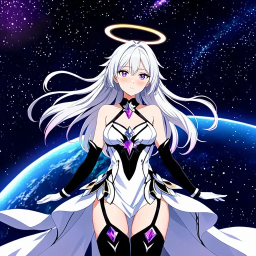 Prompt: Anime illustration of a tall woman with long white hair, purple eyes, wearing a white dress, hands behind back, black thigh-highs, and gloves, bright pupils, space, stars , high quality, thin body, anime art, detailed eyes, professional, atmospheric lighting, normal hands, five fingers, goddess, halo, adult woman, herrscher from honkai impact's outfit