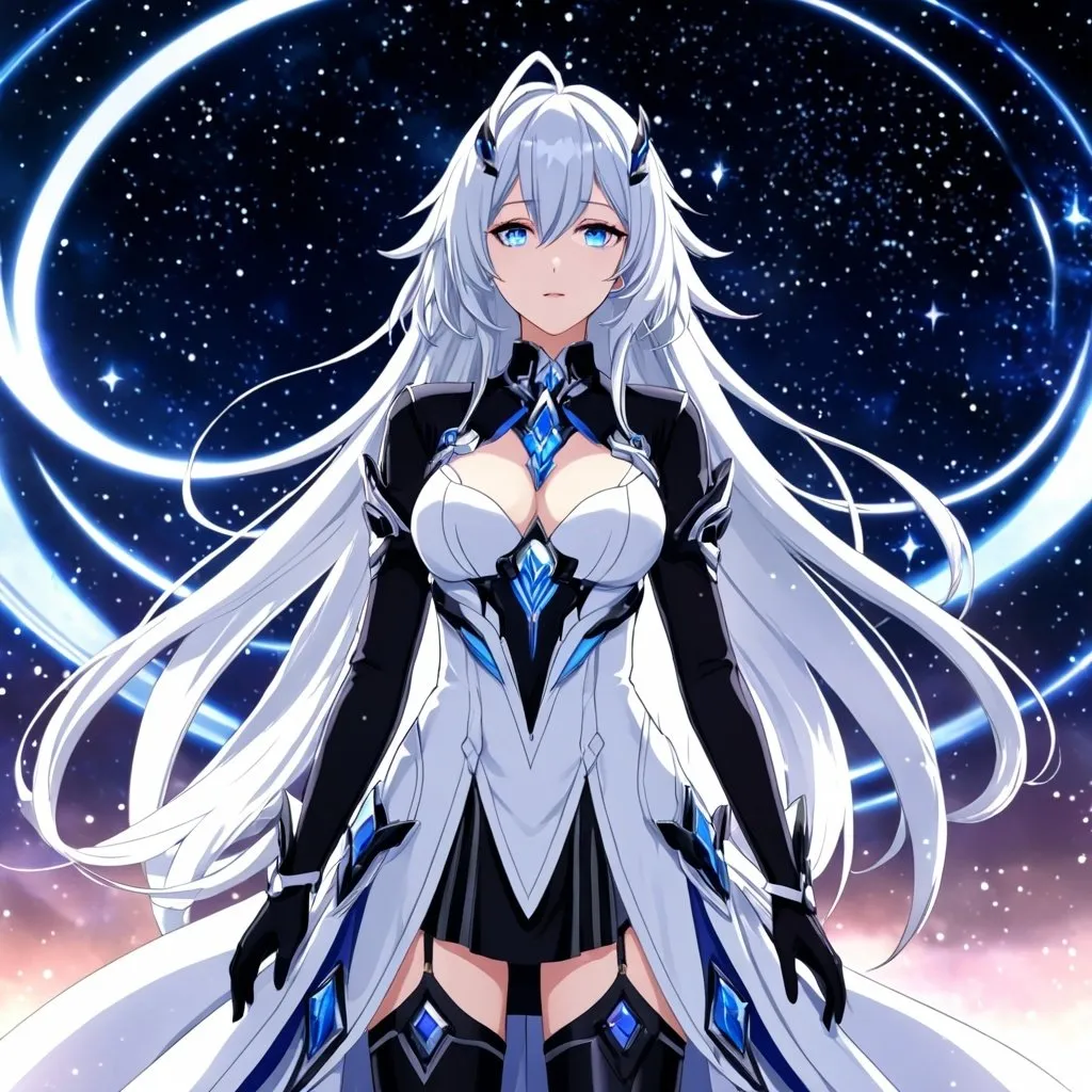 Prompt: Anime illustration of a tall woman with long white hair, blue empty eyes, wearing a white dress, hands behind back, black thigh-highs and black gloves, bright pupils, space, starfalls , high quality, thin body, anime art, detailed eyes, professional, atmospheric lighting, normal hands, five fingers, goddess, aura, adult woman, cold face, herrscher from honkai impact's outfit, sharp eyes
