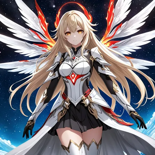 Prompt: anime, girl, detailed, very detailed, a woman in a white clothes, black skirt, stars and galactic in the background, official art, anime, girl, detailed, very detailed, crystal yellow eyes, very long blonde hair, 8k, detailed eyes, Anime illustration of a tall woman,  flame fairy wings, black thigh-highs, bright pupils, space, starfalls , high quality, thin body, anime art, detailed eyes, professional, atmospheric lighting, normal hands, five fingers, aura, adult woman, cold face, sharp eyes, 1girl, glowing eyes, Lumine from genshin impact, dress, textured corset with gold accessories, wearing long black gloves, bare shoulders, pyrokinesis, flame, white long arms shirt with black gloves, a white armor futuristic suit