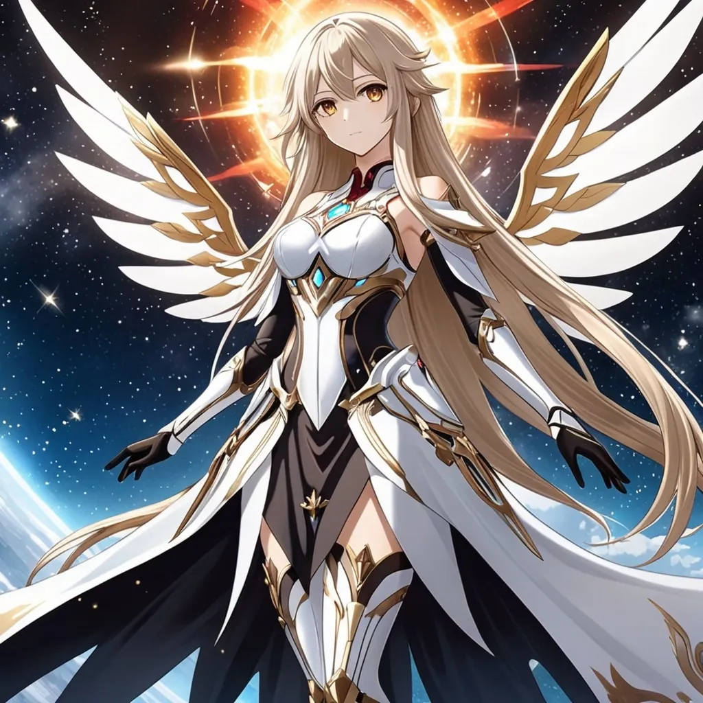 Prompt: anime, girl, detailed, very detailed, a woman in a white clothes, black skirt, stars and galactic in the background, official art, anime, girl, detailed, very detailed, crystal yellow eyes, very long blonde hair, 8k, detailed eyes, Anime illustration of a tall woman,  flame fairy wings, black thigh-highs, bright pupils, space, starfalls , high quality, thin body, anime art, detailed eyes, professional, atmospheric lighting, normal hands, five fingers, aura, adult woman, cold face, sharp eyes, 1girl, glowing eyes, Lumine from genshin impact, dress, textured corset with gold accessories, wearing long black gloves, bare shoulders, pyrokinesis, flame, white long arms shirt with black gloves, a white armor futuristic suit, Very long blonde hair, cape