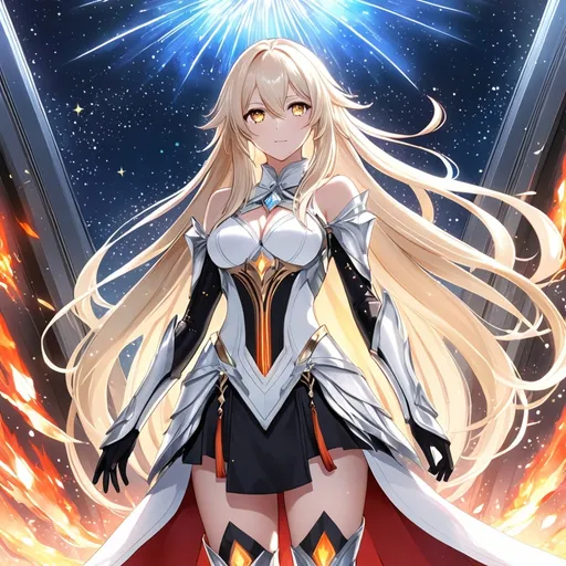 Prompt: anime, girl, detailed, very detailed, a woman in a white clothes, black skirt, stars and galactic in the background, official art, anime, girl, detailed, very detailed, crystal yellow eyes, very long blonde hair, 8k, detailed eyes, Anime illustration of a tall woman,  flame fairy wings, black thigh-highs, bright pupils, space, starfalls , high quality, thin body, anime art, detailed eyes, professional, atmospheric lighting, normal hands, five fingers, aura, adult woman, cold face, sharp eyes, 1girl, glowing eyes, Lumine from genshin impact, dress, textured corset with gold accessories, wearing long black gloves, bare shoulders, pyrokinesis, flame, white long arms shirt with black gloves, a white armor futuristic suit, Very long blonde hair