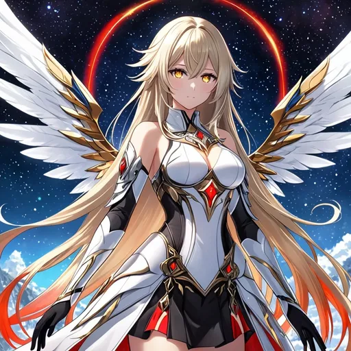 Prompt: anime, girl, detailed, very detailed, a woman in a white clothes, black skirt, stars and galactic in the background, official art, anime, girl, detailed, very detailed, crystal yellow eyes, very long blonde hair, 8k, detailed eyes, Anime illustration of a tall woman,  flame fairy wings, black thigh-highs, bright pupils, space, starfalls , high quality, thin body, anime art, detailed eyes, professional, atmospheric lighting, normal hands, five fingers, aura, adult woman, cold face, sharp eyes, 1girl, glowing eyes, Lumine from genshin impact, dress, textured corset with gold accessories, wearing long black gloves, bare shoulders, pyrokinesis, flame, white long arms shirt with black gloves, a white armor futuristic suit