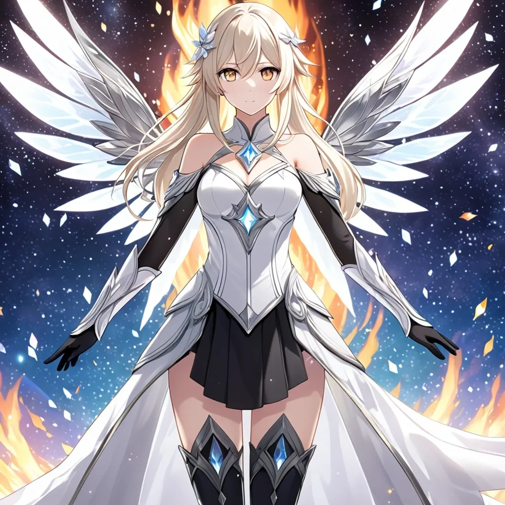 Prompt: anime, girl, detailed, very detailed, a woman in a white clothes, black skirt, stars and galactic in the background, official art, anime, girl, detailed, very detailed, crystal yellow eyes, very long blonde hair, 8k, detailed eyes, Anime illustration of a tall woman,  flame fairy wings, black thigh-highs, bright pupils, space, starfalls , high quality, thin body, anime art, detailed eyes, professional, atmospheric lighting, normal hands, five fingers, aura, adult woman, cold face, sharp eyes, 1girl, glowing eyes, Lumine from genshin impact, dress, textured corset with gold accessories, wearing long black gloves, bare shoulders, pyrokinesis, flame, white long arms shirt with black gloves, a white armor futuristic suit