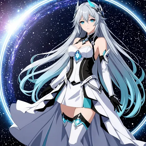 Prompt: Crystal aqua eyes, very long silver hair, galactic background, 8k, he, detailed eyes, glove holding, textured dress, textured corset with silver accessories, Anime illustration of a tall woman wearing a white dress, hands behind back, black thigh-highs and black gloves, bright pupils, space, starfalls , high quality, thin body, anime art, detailed eyes, professional, atmospheric lighting, normal hands, five fingers, aura, adult woman, cold face, herrscher from honkai impact's outfit, sharp eyes, 1girl, glowing eyes