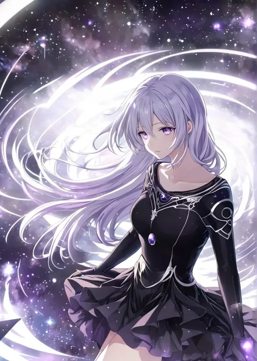 Prompt: Anime illustration of a tall woman with very long white hair, purple eyes, wearing a black shirt, hands behind back, black thigh-highs, and gloves, bright pupils, space, stars , high quality, thin body, anime art, detailed eyes, professional, atmospheric lighting, normal hands, five fingers, goddess, aura, adult woman, black skirt, white coat jacket