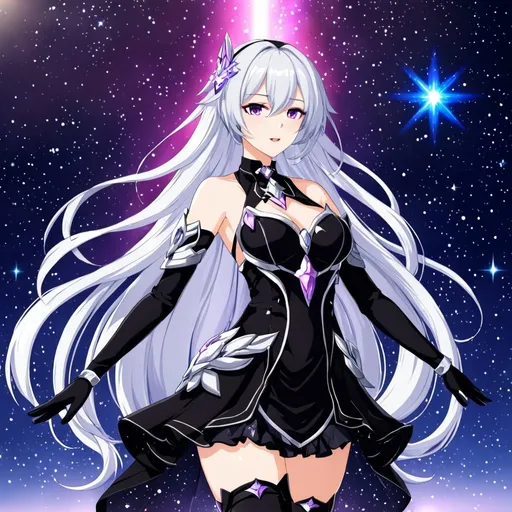 Prompt: Anime illustration of a tall woman with long silver hair, purple eyes, wearing a black dress, hands behind back, black thigh-highs, and gloves, bright pupils, space, stars , high quality, thin body, anime art, detailed eyes, professional, atmospheric lighting, normal hands, five fingers, goddess, aura, adult woman, herrscher from honkai impact's outfit, starfall