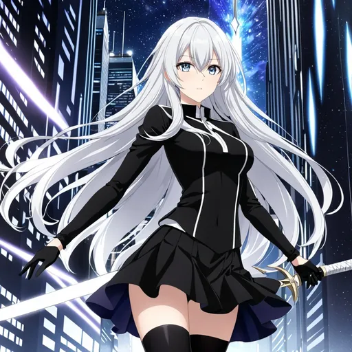 Prompt: anime, girl, detailed, very detailed, a woman in a black shirt inside, black skirt with a sword on a city street with skyscrapers in the background, official art, anime, girl, detailed, very detailed, crystal golden eyes, very long silver hair, 8k, detailed eyes, wearing gloves, Anime illustration of a tall woman, hands behind back, black thigh-highs and black gloves, bright pupils, space, starfalls , high quality, thin body, anime art, detailed eyes, professional, atmospheric lighting, normal hands, five fingers, aura, adult woman, cold face, sharp eyes, 1girl, glowing eyes