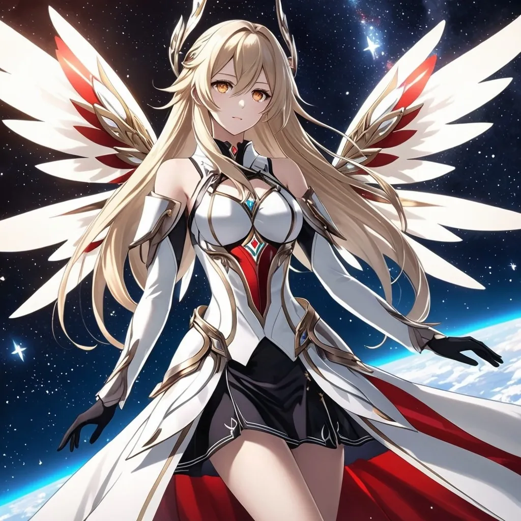 Prompt: anime, girl, detailed, very detailed, a woman in a white clothes, black skirt, stars and galactic in the background, official art, anime, girl, detailed, very detailed, crystal yellow eyes, very long blonde hair, 8k, detailed eyes, Anime illustration of a tall woman,  flame fairy wings, black thigh-highs, bright pupils, space, starfalls , high quality, thin body, anime art, detailed eyes, professional, atmospheric lighting, normal hands, five fingers, aura, adult woman, cold face, sharp eyes, 1girl, glowing eyes, Lumine from genshin impact, dress, textured corset with gold accessories, wearing long black gloves, bare shoulders, pyrokinesis, flame, white long arms shirt with black gloves, a white armor futuristic suit, Very long blonde hair, cape