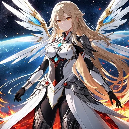 Prompt: anime, girl, detailed, very detailed, a woman in a white clothes, black skirt, stars and galactic in the background, official art, anime, girl, detailed, very detailed, crystal yellow eyes, very long blonde hair, 8k, detailed eyes, Anime illustration of a tall woman,  flame fairy wings, black thigh-highs, bright pupils, space, starfalls , high quality, thin body, anime art, detailed eyes, professional, atmospheric lighting, normal hands, five fingers, aura, adult woman, cold face, sharp eyes, 1girl, glowing eyes, Lumine from genshin impact, dress, textured corset with gold accessories, wearing long black gloves, bare shoulders, pyrokinesis, flame, white long arms shirt with black gloves, a white armor futuristic suit