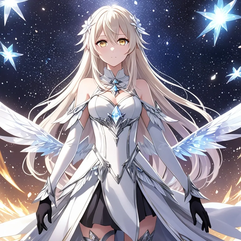 Prompt: anime, girl, detailed, very detailed, a woman in a white clothes, black skirt, stars and galactic in the background, official art, anime, girl, detailed, very detailed, crystal yellow eyes, very long blonde hair, 8k, detailed eyes, Anime illustration of a tall woman, gold light fairy wings, black thigh-highs, bright pupils, space, starfalls , high quality, thin body, anime art, detailed eyes, professional, atmospheric lighting, normal hands, five fingers, aura, adult woman, cold face, sharp eyes, 1girl, glowing eyes, Lumine from genshin impact, dress, textured corset with gold accessories, wearing long black gloves, bare shoulders, pyrokinesis, flame, white long arms shirt with black gloves