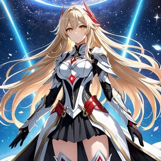 Prompt: anime, girl, detailed, very detailed, a woman in a white clothes, black skirt, stars and galactic in the background, official art, anime, girl, detailed, very detailed, crystal yellow eyes, very long blonde hair, 8k, detailed eyes, Anime illustration of a tall woman, black thigh-highs, bright pupils, space, starfalls , high quality, thin body, anime art, detailed eyes, professional, atmospheric lighting, normal hands, five fingers, aura, adult woman, cold face, sharp eyes, 1girl, glowing eyes, Lumine from genshin impact, dress, textured corset with gold accessories, wearing long black gloves, pyrokinesis, flame, white long arms shirt with black gloves, a white armor futuristic suit with bare shoulders, Very long blonde hair