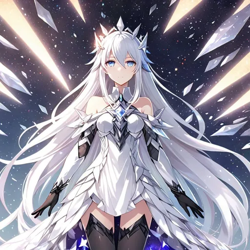 Prompt: Anime illustration of a tall woman with very long white hair, blue eyes, wearing a white dress, hands behind back, black thigh-highs, and gloves, bright pupils, space, stars , high quality, thin body, anime art, detailed eyes, professional, atmospheric lighting, normal hands, five fingers, goddess, halo, adult woman, herrscher from honkai impact's outfit