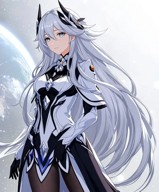 Prompt: Anime illustration of a tall woman with very long white hair, grey eyes, wearing a white dress, hands behind back, black thigh-highs, and black gloves, bright pupils, space, stars , high quality, thin body, anime art, detailed eyes, professional, atmospheric lighting, normal hands, five fingers, goddess, aura, adult woman, herrscher from honkai impact's outfit