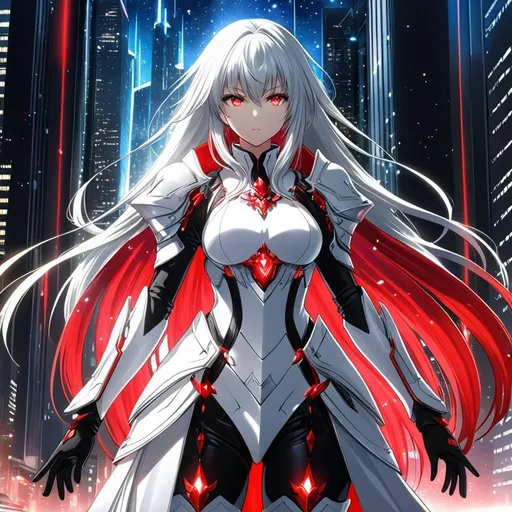 Prompt: anime, girl, detailed, very detailed, a woman in a white armor futuristic suit with a sword on a city street with skyscrapers in the background, official art, anime, girl, detailed, very detailed, crystal ruby eyes, very long silver hair, 8k, he, detailed eyes, glove holding, Anime illustration of a tall woman, hands behind back, black thigh-highs and black gloves, bright pupils, space, starfalls , high quality, thin body, anime art, detailed eyes, professional, atmospheric lighting, normal hands, five fingers, aura, adult woman, cold face, sharp eyes, 1girl, glowing eyes