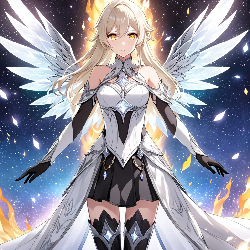 Prompt: anime, girl, detailed, very detailed, a woman in a white clothes, black skirt, stars and galactic in the background, official art, anime, girl, detailed, very detailed, crystal yellow eyes, very long blonde hair, 8k, detailed eyes, Anime illustration of a tall woman,  flame fairy wings, black thigh-highs, bright pupils, space, starfalls , high quality, thin body, anime art, detailed eyes, professional, atmospheric lighting, normal hands, five fingers, aura, adult woman, cold face, sharp eyes, 1girl, glowing eyes, Lumine from genshin impact, dress, textured corset with gold accessories, wearing long black gloves, bare shoulders, pyrokinesis, flame, white long arms shirt with black gloves, a white armor futuristic suit