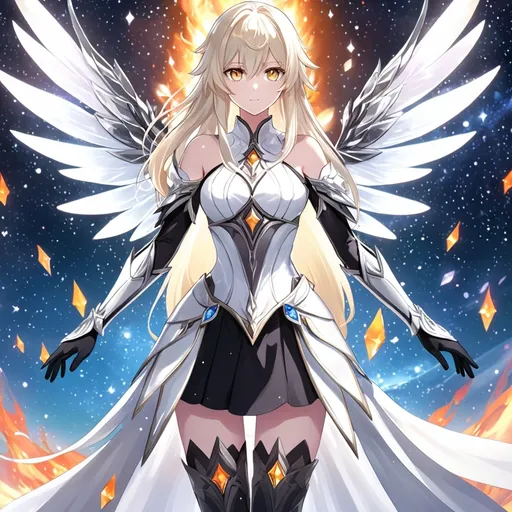 Prompt: anime, girl, detailed, very detailed, a woman in a white clothes, black skirt, stars and galactic in the background, official art, anime, girl, detailed, very detailed, crystal yellow eyes, very long blonde hair, 8k, detailed eyes, Anime illustration of a tall woman,  flame fairy wings, black thigh-highs, bright pupils, space, starfalls , high quality, thin body, anime art, detailed eyes, professional, atmospheric lighting, normal hands, five fingers, aura, adult woman, cold face, sharp eyes, 1girl, glowing eyes, Lumine from genshin impact, dress, textured corset with gold accessories, wearing long black gloves, bare shoulders, pyrokinesis, flame, white long arms shirt with black gloves, a white armor futuristic suit