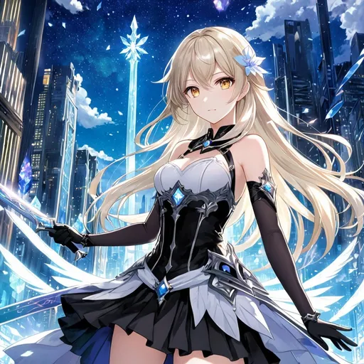 Prompt: anime, girl, detailed, very detailed, a woman in a white shirt inside, black skirt with a sword on a city street with skyscrapers in the background, official art, anime, girl, detailed, very detailed, crystal yellow eyes, very long blonde hair, 8k, detailed eyes, wearing gloves, Anime illustration of a tall woman, light fairy wings, black thigh-highs and black gloves, bright pupils, space, starfalls , high quality, thin body, anime art, detailed eyes, professional, atmospheric lighting, normal hands, five fingers, aura, adult woman, cold face, sharp eyes, 1girl, glowing eyes, Lumine from genshin impact