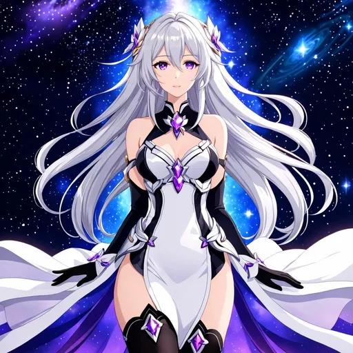 Prompt: Anime illustration of a tall woman with very long white hair, purple eyes, wearing a white dress, hands behind back, black thigh-highs, and gloves, bright pupils, space, stars , high quality, thin body, anime art, detailed eyes, professional, atmospheric lighting, normal hands, five fingers, goddess, aura, adult woman, herrscher from honkai impact's outfit