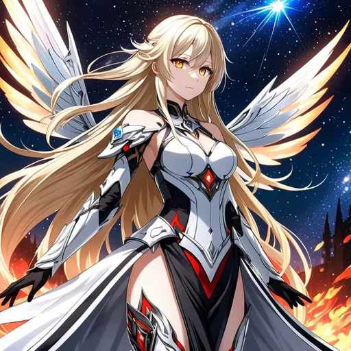 Prompt: anime, girl, detailed, very detailed, a woman in a white clothes, black skirt, stars and galactic in the background, official art, anime, girl, detailed, very detailed, crystal yellow eyes, very long blonde hair, 8k, detailed eyes, Anime illustration of a tall woman,  flame fairy wings, black thigh-highs, bright pupils, space, starfalls , high quality, thin body, anime art, detailed eyes, professional, atmospheric lighting, normal hands, five fingers, aura, adult woman, cold face, sharp eyes, 1girl, glowing eyes, Lumine from genshin impact, dress, textured corset with gold accessories, wearing long black gloves, bare shoulders, pyrokinesis, flame, white long arms shirt with black gloves, a white armor futuristic suit, Very long blonde hair, cape