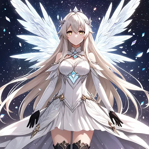 Prompt: anime, girl, detailed, very detailed, a woman in a white clothes, black skirt, stars and galactic in the background, official art, anime, girl, detailed, very detailed, crystal yellow eyes, very long blonde hair, 8k, detailed eyes, Anime illustration of a tall woman, gold light fairy wings, black thigh-highs, bright pupils, space, starfalls , high quality, thin body, anime art, detailed eyes, professional, atmospheric lighting, normal hands, five fingers, aura, adult woman, cold face, sharp eyes, 1girl, glowing eyes, Lumine from genshin impact, dress, textured corset with gold accessories, wearing long black gloves, bare shoulders, pyrokinesis, flame, white long arms shirt with black gloves