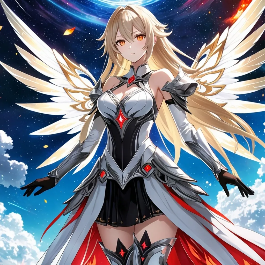 Prompt: anime, girl, detailed, very detailed, a woman in a white clothes, black skirt, stars and galactic in the background, official art, anime, girl, detailed, very detailed, crystal yellow eyes, very long blonde hair, 8k, detailed eyes, Anime illustration of a tall woman,  flame fairy wings, black thigh-highs, bright pupils, space, starfalls , high quality, thin body, anime art, detailed eyes, professional, atmospheric lighting, normal hands, five fingers, aura, adult woman, cold face, sharp eyes, 1girl, glowing eyes, Lumine from genshin impact, dress, textured corset with gold accessories, wearing long black gloves, bare shoulders, pyrokinesis, flame, white long arms shirt with black gloves, a white armor futuristic suit