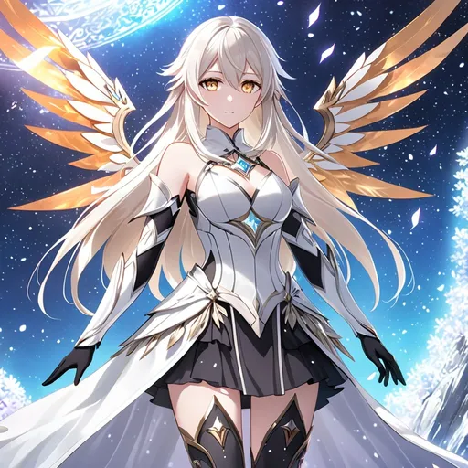 Prompt: anime, girl, detailed, very detailed, a woman in a white clothes, black skirt, stars and galactic in the background, official art, anime, girl, detailed, very detailed, crystal yellow eyes, very long blonde hair, 8k, detailed eyes, Anime illustration of a tall woman,  gold light fairy wings, black thigh-highs, bright pupils, space, starfalls , high quality, thin body, anime art, detailed eyes, professional, atmospheric lighting, normal hands, five fingers, aura, adult woman, cold face, sharp eyes, 1girl, glowing eyes, Lumine from genshin impact, dress, textured corset with gold accessories, wearing long black gloves, bare shoulders, pyrokinesis, flame, white long arms shirt with black gloves, a white armor futuristic suit