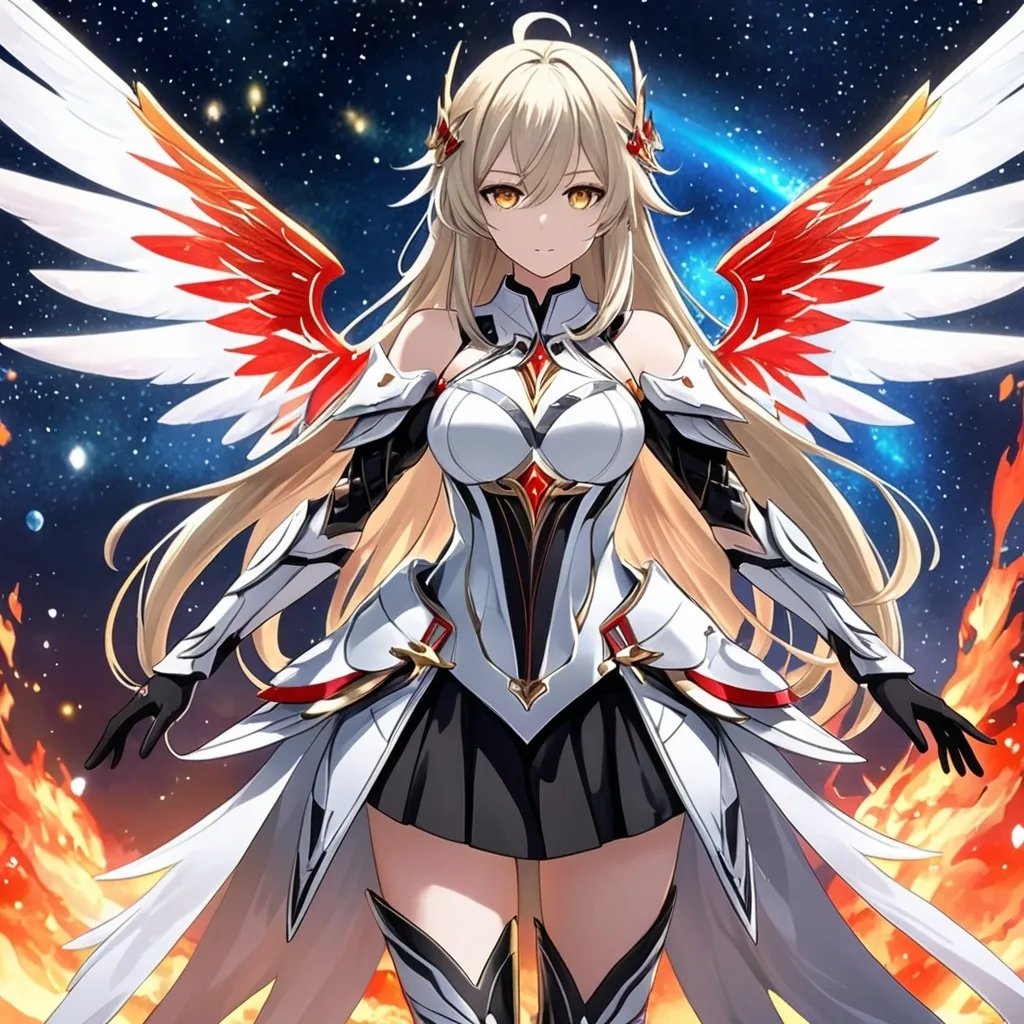 Prompt: anime, girl, detailed, very detailed, a woman in a white clothes, black skirt, stars and galactic in the background, official art, anime, girl, detailed, very detailed, crystal yellow eyes, very long blonde hair, 8k, detailed eyes, Anime illustration of a tall woman,  flame fairy wings, black thigh-highs, bright pupils, space, starfalls , high quality, thin body, anime art, detailed eyes, professional, atmospheric lighting, normal hands, five fingers, aura, adult woman, cold face, sharp eyes, 1girl, glowing eyes, Lumine from genshin impact, dress, textured corset with gold accessories, wearing long black gloves, bare shoulders, pyrokinesis, flame, white long arms shirt with black gloves, a white armor futuristic suit