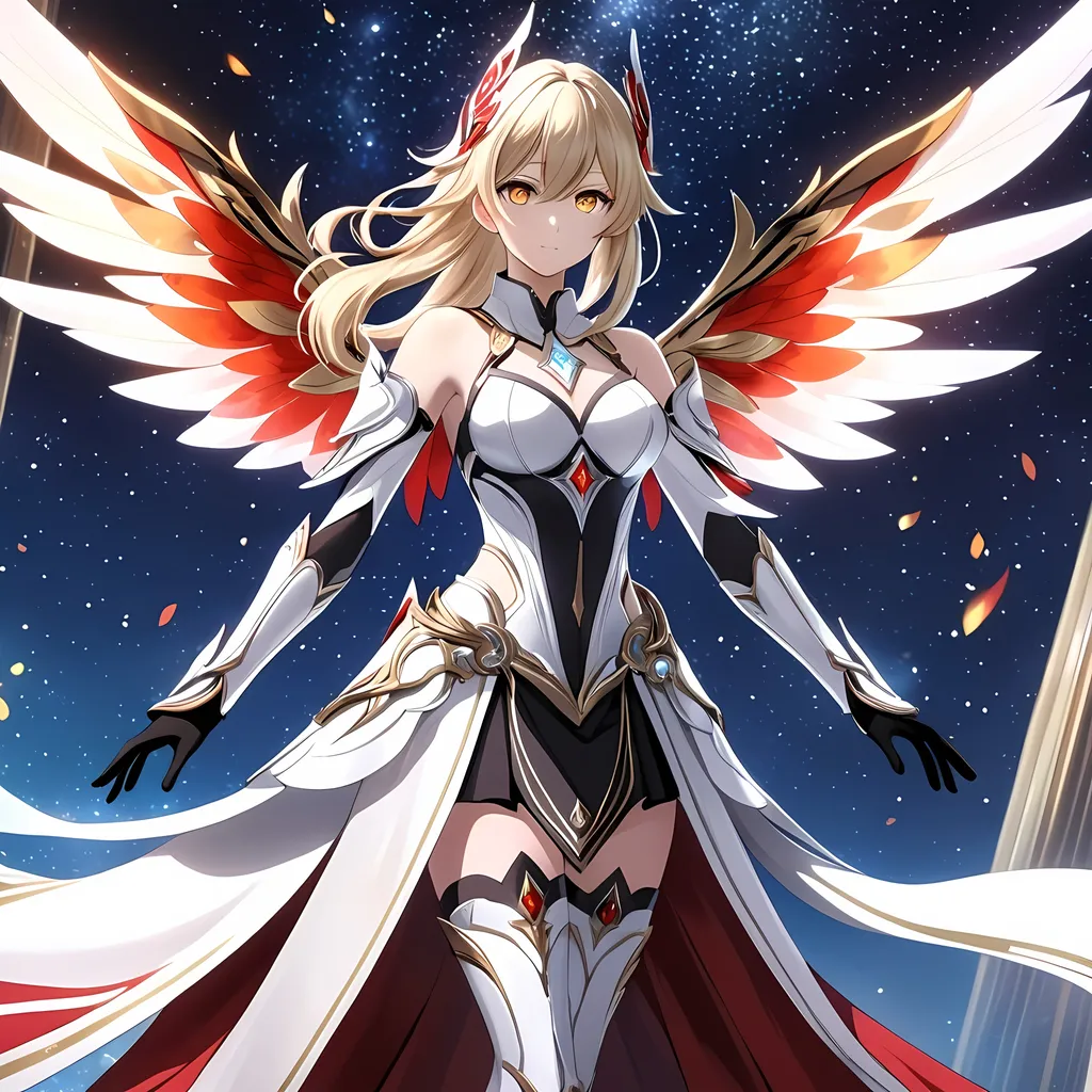 Prompt: anime, girl, detailed, very detailed, a woman in a white clothes, black skirt, stars and galactic in the background, official art, anime, girl, detailed, very detailed, crystal yellow eyes, very long blonde hair, 8k, detailed eyes, Anime illustration of a tall woman,  flame fairy wings, black thigh-highs, bright pupils, space, starfalls , high quality, thin body, anime art, detailed eyes, professional, atmospheric lighting, normal hands, five fingers, aura, adult woman, cold face, sharp eyes, 1girl, glowing eyes, Lumine from genshin impact, dress, textured corset with gold accessories, wearing long black gloves, bare shoulders, pyrokinesis, flame, white long arms shirt with black gloves, a white armor futuristic suit