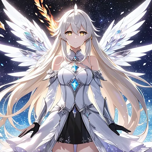 Prompt: anime, girl, detailed, very detailed, a woman in a white clothes, black skirt, stars and galactic in the background, official art, anime, girl, detailed, very detailed, crystal yellow eyes, very long blonde hair, 8k, detailed eyes, Anime illustration of a tall woman, gold light fairy wings, black thigh-highs, bright pupils, space, starfalls , high quality, thin body, anime art, detailed eyes, professional, atmospheric lighting, normal hands, five fingers, aura, adult woman, cold face, sharp eyes, 1girl, glowing eyes, Lumine from genshin impact, dress, textured corset with gold accessories, wearing long black gloves, bare shoulders, pyrokinesis, flame, white long arms shirt with black gloves, pose with holding sword
