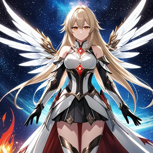 Prompt: anime, girl, detailed, very detailed, a woman in a white clothes, black skirt, stars and galactic in the background, official art, anime, girl, detailed, very detailed, crystal yellow eyes, very long blonde hair, 8k, detailed eyes, Anime illustration of a tall woman,  flame fairy wings, black thigh-highs, bright pupils, space, starfalls , high quality, thin body, anime art, detailed eyes, professional, atmospheric lighting, normal hands, five fingers, aura, adult woman, cold face, sharp eyes, 1girl, glowing eyes, Lumine from genshin impact, dress, textured corset with gold accessories, wearing long black gloves, bare shoulders, pyrokinesis, flame, white long arms shirt with black gloves, a white armor futuristic suit