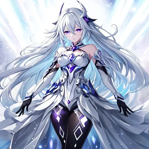Prompt: Anime illustration of a tall woman with very long white hair, purple empty eyes, wearing a white dress, hands behind back, black thigh-highs and black gloves, bright pupils, space, starfalls , high quality, thin body, anime art, detailed eyes, professional, atmospheric lighting, normal hands, five fingers, goddess, aura, adult woman, cold face, herrscher from honkai impact's outfit, sharp eyes