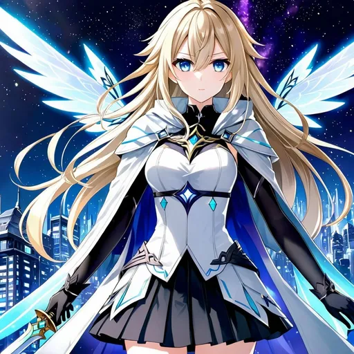 Prompt: anime, girl, detailed, very detailed, a woman in a black shirt inside white coat, black skirt with a sword on a city street with skyscrapers in the background, official art, anime, girl, detailed, very detailed, golden eyes, very long blonde hair, 8k, detailed eyes, wearing gloves, Anime illustration of a tall woman, light fairy wings, black thigh-highs and black gloves, bright pupils, space, starfalls , high quality, thin body, anime art, detailed eyes, professional, atmospheric lighting, normal hands, five fingers, aura, adult woman, cold face, sharp eyes, 1girl, glowing eyes, Lumine form Genshin impact