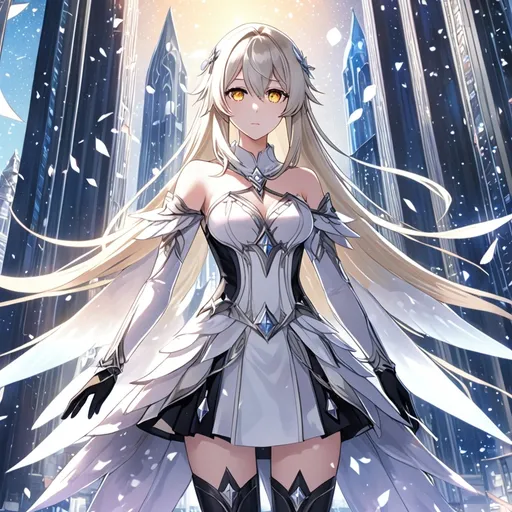 Prompt: anime, girl, detailed, very detailed, a woman in a white shirt inside, black skirt with a sword on a city street with skyscrapers in the background, official art, anime, girl, detailed, very detailed, crystal yellow eyes, very long blonde hair, 8k, detailed eyes, Anime illustration of a tall woman, light fairy wings, black thigh-highs, bright pupils, space, starfalls , high quality, thin body, anime art, detailed eyes, professional, atmospheric lighting, normal hands, five fingers, aura, adult woman, cold face, sharp eyes, 1girl, glowing eyes, Lumine from genshin impact, dress, textured corset with gold accessories, wearing long black gloves, bare shoulders