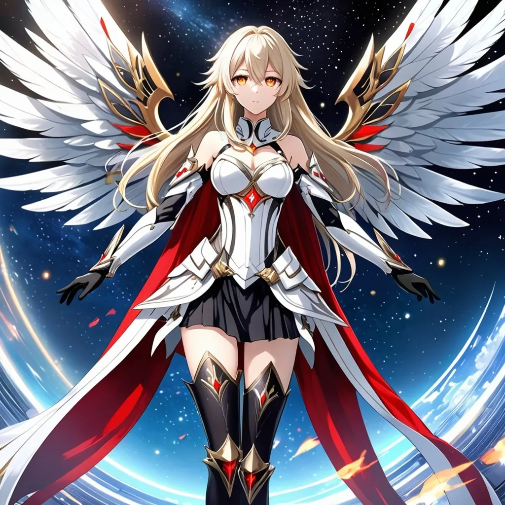 Prompt: anime, girl, detailed, very detailed, a woman in a white clothes, black skirt, stars and galactic in the background, official art, anime, girl, detailed, very detailed, crystal yellow eyes, very long blonde hair, 8k, detailed eyes, Anime illustration of a tall woman,  flame fairy wings, black thigh-highs, bright pupils, space, starfalls , high quality, thin body, anime art, detailed eyes, professional, atmospheric lighting, normal hands, five fingers, aura, adult woman, cold face, sharp eyes, 1girl, glowing eyes, Lumine from genshin impact, dress, textured corset with gold accessories, wearing long black gloves, bare shoulders, pyrokinesis, flame, white long arms shirt with black gloves, a white armor futuristic suit, Very long blonde hair, cape