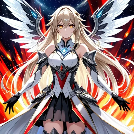 Prompt: anime, girl, detailed, very detailed, a woman in a white clothes, black skirt, stars and galactic in the background, official art, anime, girl, detailed, very detailed, crystal yellow eyes, very long blonde hair, 8k, detailed eyes, Anime illustration of a tall woman,  flame fairy wings, black thigh-highs, bright pupils, space, starfalls , high quality, thin body, anime art, detailed eyes, professional, atmospheric lighting, normal hands, five fingers, aura, adult woman, cold face, sharp eyes, 1girl, glowing eyes, Lumine from genshin impact, dress, textured corset with gold accessories, wearing long black gloves, bare shoulders, pyrokinesis, flame, white long arms shirt with black gloves, a white armor futuristic suit