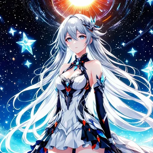 Prompt: Crystal grey eyes, very long white hair, galactic background, 8k, he, detailed eyes, glove holding, textured dress, textured corset with silver accessories, Anime illustration of a tall woman wearing a white dress, hands behind back, black thigh-highs and black gloves, bright pupils, space, starfalls , high quality, thin body, anime art, detailed eyes, professional, atmospheric lighting, normal hands, five fingers, aura, adult woman, cold face, herrscher from honkai impact's outfit, sharp eyes, 1girl, glowing eyes, sun