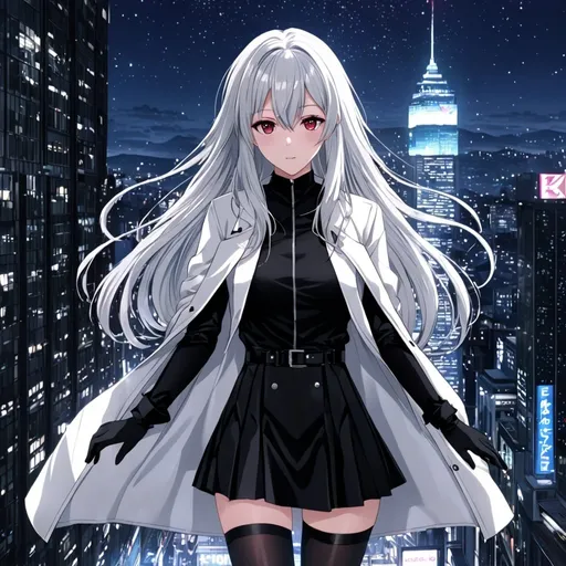 Prompt: Ruby eyes, very long silver hair, city background, 8k, detailed eyes, textured clothes, Anime illustration of a tall woman wearing a black shirt inside white jacket and black skirt, hands behind back, black thigh-highs and black gloves, bright pupils, starfalls , high quality, thin body, anime art, detailed eyes, professional, atmospheric lighting, normal hands, five fingers, adult woman, cold face, sharp eyes, 1girl, Hilde from Counterside