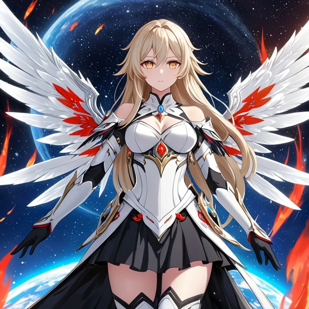 Prompt: anime, girl, detailed, very detailed, a woman in a white clothes, black skirt, stars and galactic in the background, official art, anime, girl, detailed, very detailed, crystal yellow eyes, very long blonde hair, 8k, detailed eyes, Anime illustration of a tall woman,  flame fairy wings, black thigh-highs, bright pupils, space, starfalls , high quality, thin body, anime art, detailed eyes, professional, atmospheric lighting, normal hands, five fingers, aura, adult woman, cold face, sharp eyes, 1girl, glowing eyes, Lumine from genshin impact, dress, textured corset with gold accessories, wearing long black gloves, bare shoulders, pyrokinesis, flame, white long arms shirt with black gloves, a white armor futuristic suit