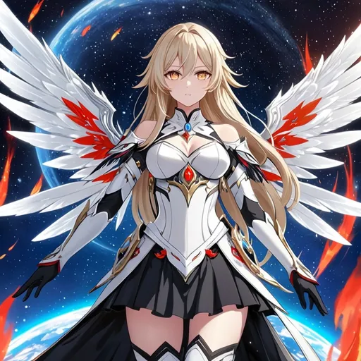 Prompt: anime, girl, detailed, very detailed, a woman in a white clothes, black skirt, stars and galactic in the background, official art, anime, girl, detailed, very detailed, crystal yellow eyes, very long blonde hair, 8k, detailed eyes, Anime illustration of a tall woman,  flame fairy wings, black thigh-highs, bright pupils, space, starfalls , high quality, thin body, anime art, detailed eyes, professional, atmospheric lighting, normal hands, five fingers, aura, adult woman, cold face, sharp eyes, 1girl, glowing eyes, Lumine from genshin impact, dress, textured corset with gold accessories, wearing long black gloves, bare shoulders, pyrokinesis, flame, white long arms shirt with black gloves, a white armor futuristic suit