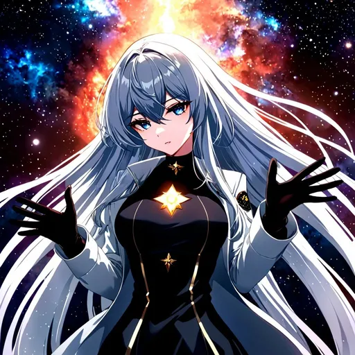 Prompt: Anime illustration of a tall woman with very long white hair, blue eyes, wearing a black shirt, hands behind back, black thigh-highs, and gloves, bright pupils, space, stars , high quality, thin body, anime art, detailed eyes, professional, atmospheric lighting, normal hands, five fingers, goddess, aura, adult woman, black skirt, white coat jacket