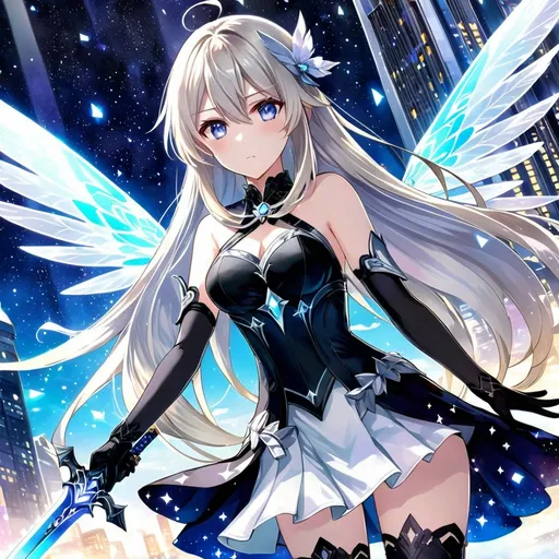Prompt: anime, girl, detailed, very detailed, a woman in a black shirt inside white coat, black skirt with a sword on a city street with skyscrapers in the background, official art, anime, girl, detailed, very detailed, crystal gold eyes, very long blonde hair, 8k, detailed eyes, wearing gloves, Anime illustration of a tall woman, light fairy wings, black thigh-highs and black gloves, bright pupils, space, starfalls , high quality, thin body, anime art, detailed eyes, professional, atmospheric lighting, normal hands, five fingers, aura, adult woman, cold face, sharp eyes, 1girl, glowing eyes, Lumine form Genshin impact