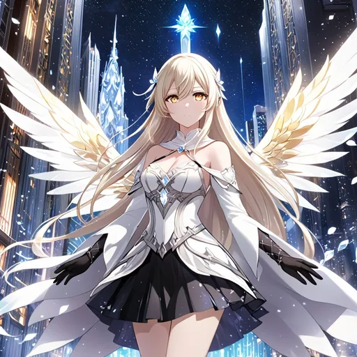 Prompt: anime, girl, detailed, very detailed, a woman in a white clothes, black skirt with a sword on a city street with skyscrapers in the background, official art, anime, girl, detailed, very detailed, crystal yellow eyes, very long blonde hair, 8k, detailed eyes, Anime illustration of a tall woman, gold light fairy wings, black thigh-highs, bright pupils, space, starfalls , high quality, thin body, anime art, detailed eyes, professional, atmospheric lighting, normal hands, five fingers, aura, adult woman, cold face, sharp eyes, 1girl, glowing eyes, Lumine from genshin impact, dress, textured corset with gold accessories, wearing long black gloves, bare shoulders, pyrokinesis, flame, white long arms shirt with black gloves