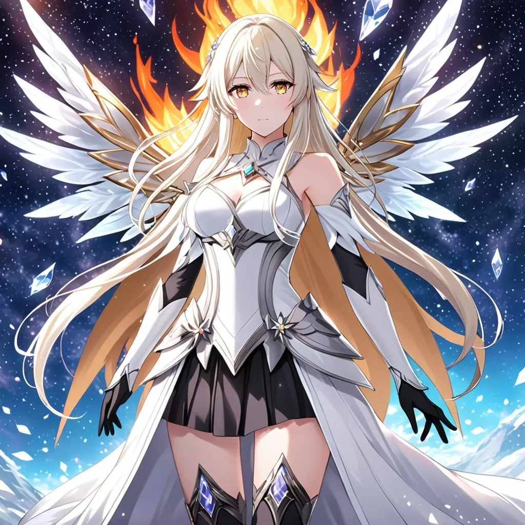 Prompt: anime, girl, detailed, very detailed, a woman in a white clothes, black skirt, stars and galactic in the background, official art, anime, girl, detailed, very detailed, crystal yellow eyes, very long blonde hair, 8k, detailed eyes, Anime illustration of a tall woman,  flame fairy wings, black thigh-highs, bright pupils, space, starfalls , high quality, thin body, anime art, detailed eyes, professional, atmospheric lighting, normal hands, five fingers, aura, adult woman, cold face, sharp eyes, 1girl, glowing eyes, Lumine from genshin impact, dress, textured corset with gold accessories, wearing long black gloves, bare shoulders, pyrokinesis, flame, white long arms shirt with black gloves, a white armor futuristic suit