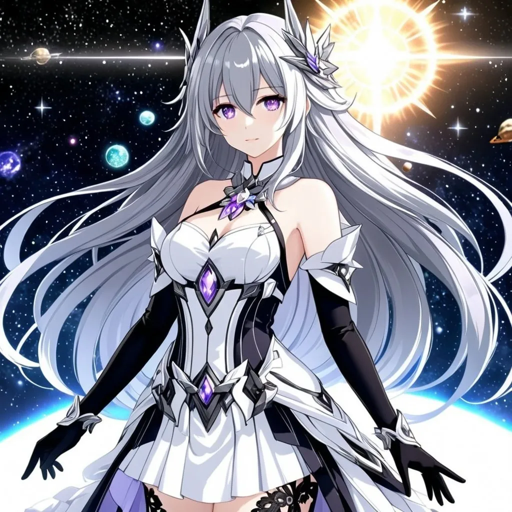 Prompt: Crystal purple eyes, very black silver hair, galactic background, 8k, he, detailed eyes, glove holding, textured dress, textured corset with silver accessories, Anime illustration of a tall woman wearing a white dress, hands behind back, black thigh-highs and black gloves, bright pupils, space, starfalls , high quality, thin body, anime art, detailed eyes, professional, atmospheric lighting, normal hands, five fingers, aura, adult woman, cold face, herrscher from honkai impact's outfit, sharp eyes, 1girl, glowing eyes, sun, a god that had the power to override and rewrite every rule as desired.